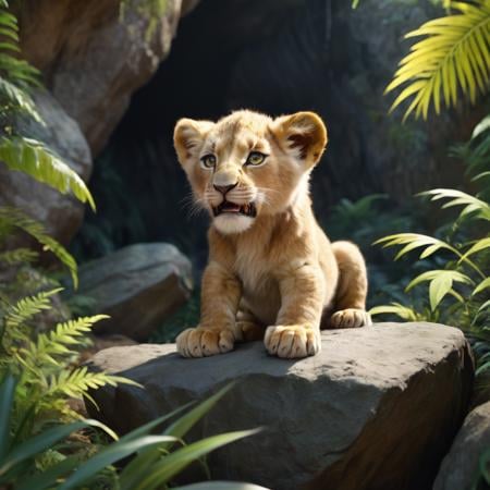 anime artwork of manga styleIn the African jungle a cartoon:1 lion cub sitting on a rock in a cave,  cartoon,  anime by us...