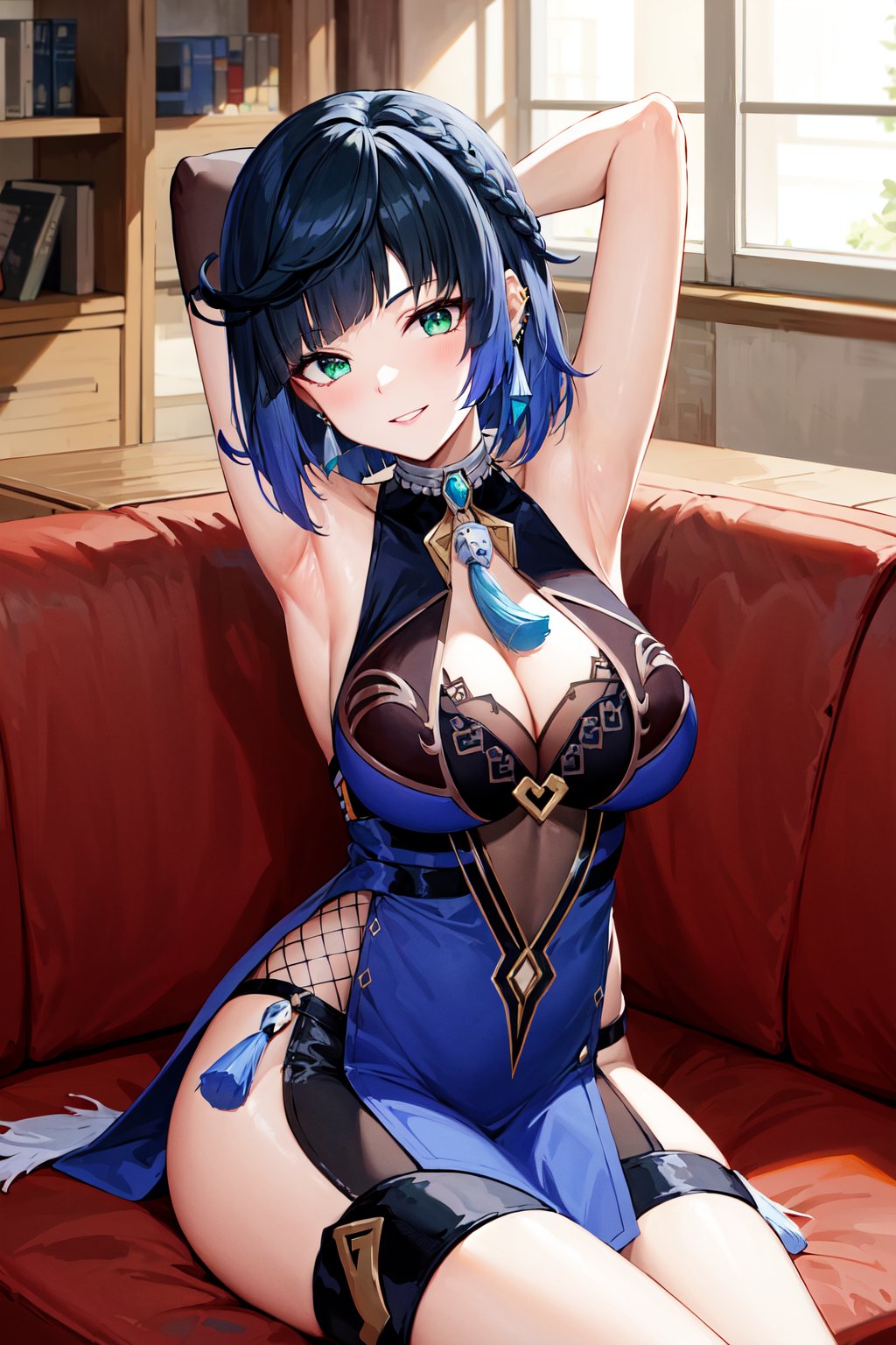 masterpiece, best quality, highres, aayelan, short hair, bob cut, braid, green eyes, earrings, neck tassel, cleavage, blue dress, sleeveless, bracelet, asymmetrical gloves, fingerless gloves, elbow gloves, pelvic curtain, <lora:yelan_v1:0.7>, sitting, indoors, sofa, armpits, arm up, smile