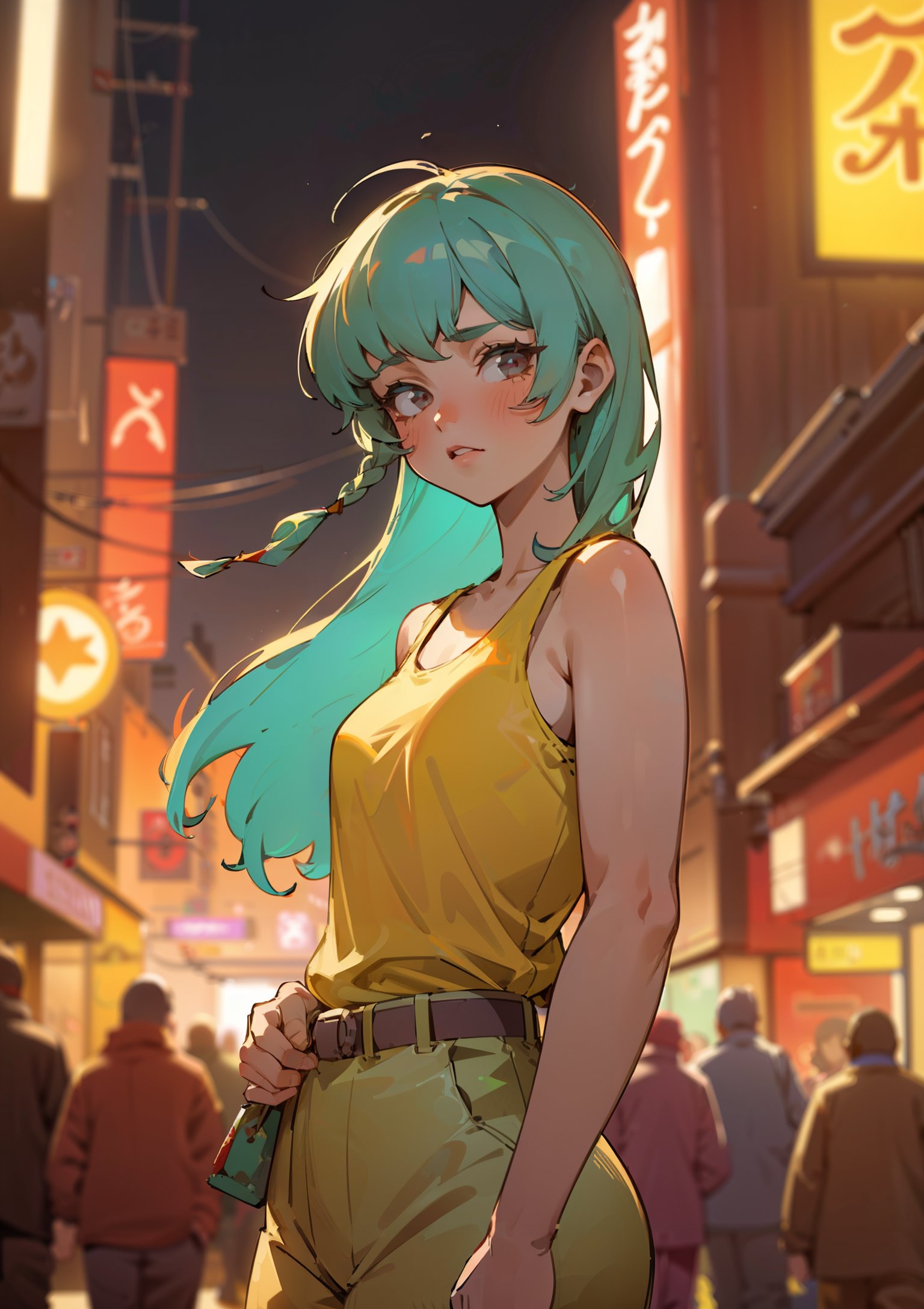 1girl, dark eyes, green hair, tank top, looking at viewer,night city street, crowded street, out of focus background,(green neon_pop art style:1.2), (cinematic lighting:1.2),  <lora:add_detail:0.6>