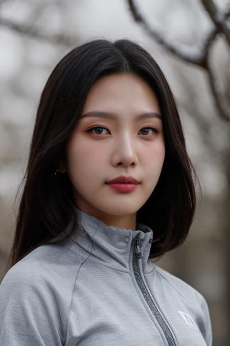 masterpiece, best quality, ultra-detailed, ultra high res, (photorealistic:1.4), raw photo, (realistic:0.2), 8k HDR, realistic lighting, 1girl, solo, looking at viewer, asymmetrical hair, (detailed oily skin), (detailed face), (winter background :1.1), (full body:1.2), training outfits, jogging, 