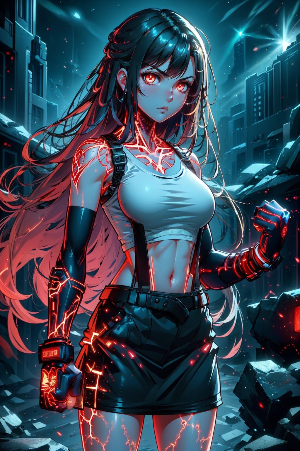 masterpiece, best quality,    <lora:glowingveins-nvwls-v1-000012:1> 1girl, glowingveins, red theme, glowing veins  <lora:tifa-nvwls-v1-final:0.8> defTifa, white crop top, elbow pad, fingerless gloves, suspenders, pencil skirt, black socks, glowing eyes, night sky, looking at viewer, furrowed brow, fighting stance, fists