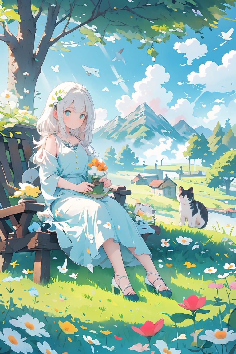 masterpiece, best quality, illustration, flower, outdoors, sky, day, cloud, tree, blue_sky, 1girl, cat, grass, nature, scenery, mountain, animal_focus