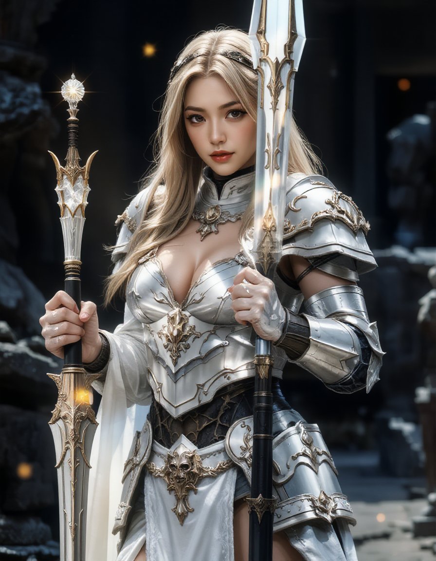 1girl standing along with full white armor, show breasts, cleavage,action to viewer, winging a crystal ornate sword,seems to be a representation of a knight,hot spring background, dark theme,which is positioned vertically, wearing a costume,high key light, rim light, spark rainbow light reflection,holy armor<lora:hinaFluxFantasyArmorMix-schnell_v1-rev1:0.8> <lora:hinaFluxAsianMixLora-schnell_v1:0.9>