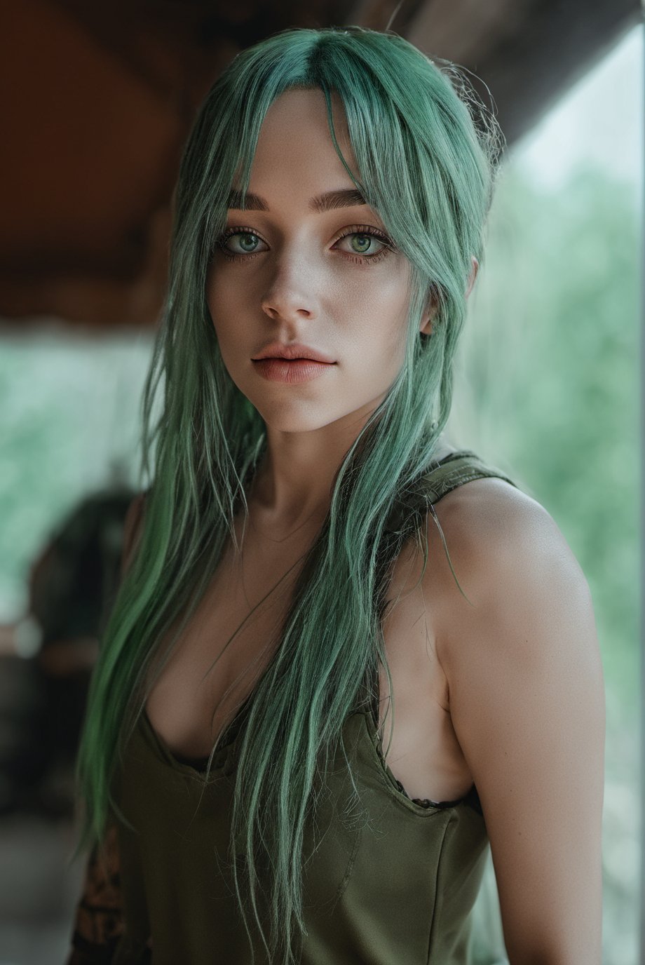 CindyR, half body shoot,Tactical sweaty Billie eilish with gun blue and green hair boots full body ultra detailed photo. <lora:cindy-000004:1>