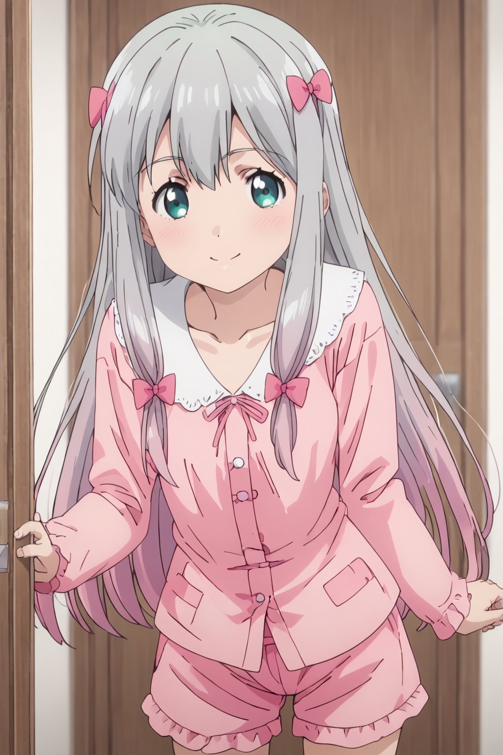 koizumi yogiri, long hair, grey hair, aqua eyes, grey hair, pink hair, multicolored hair,1girl, pajamas, solo, bow,smile, pink bow, hair bow, looking at viewer, pink pajamas, blush, collarbone, pink shorts, shorts, door, closed mouth, long sleeves, indoors, cowboy shot,masterpiece, perfect face, best quality, beautiful girl, blurry background, cute girl, beautiful eyes, shiny eyes, anime coloring, anime screencap, absurdres, <lora:koizumi yogiri kohaku:0.8>