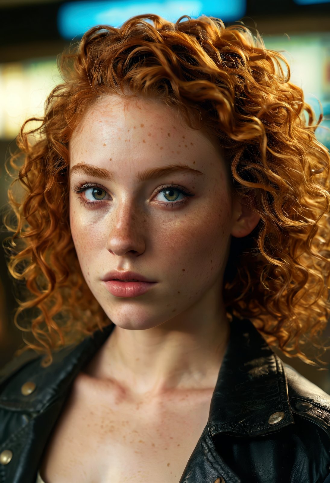 a photo portrait of a beautiful girl with curls and lots of freckles, (ginger hair), (detailed eyes), (upper body portrait:1.5), dramatic light, Rembrandt lighting scheme, (hyperrealism:1.2), (8K UHD:1.2), (photorealistic:1.2), shot with Canon EOS 5D Mark IV, detailed face, detailed hair, embarrassed, exposed beats, perfect natural breasts, perfect nipplesfull body photo of a 23 year old Dutch woman, undercut hairstyle, tee, leather jacket, jeans, 80s convenience store, very detailed, atmospheric haze, film grain, cinematic film still, shallow depth of field, highly detailed, high budget, cinemascope, moody, epic, gorgeous, 2000s vintage RAW photo, photorealistic, color graded cinematic, eye catchlights, atmospheric lighting, skin pores, imperfections, natural, shallow dof