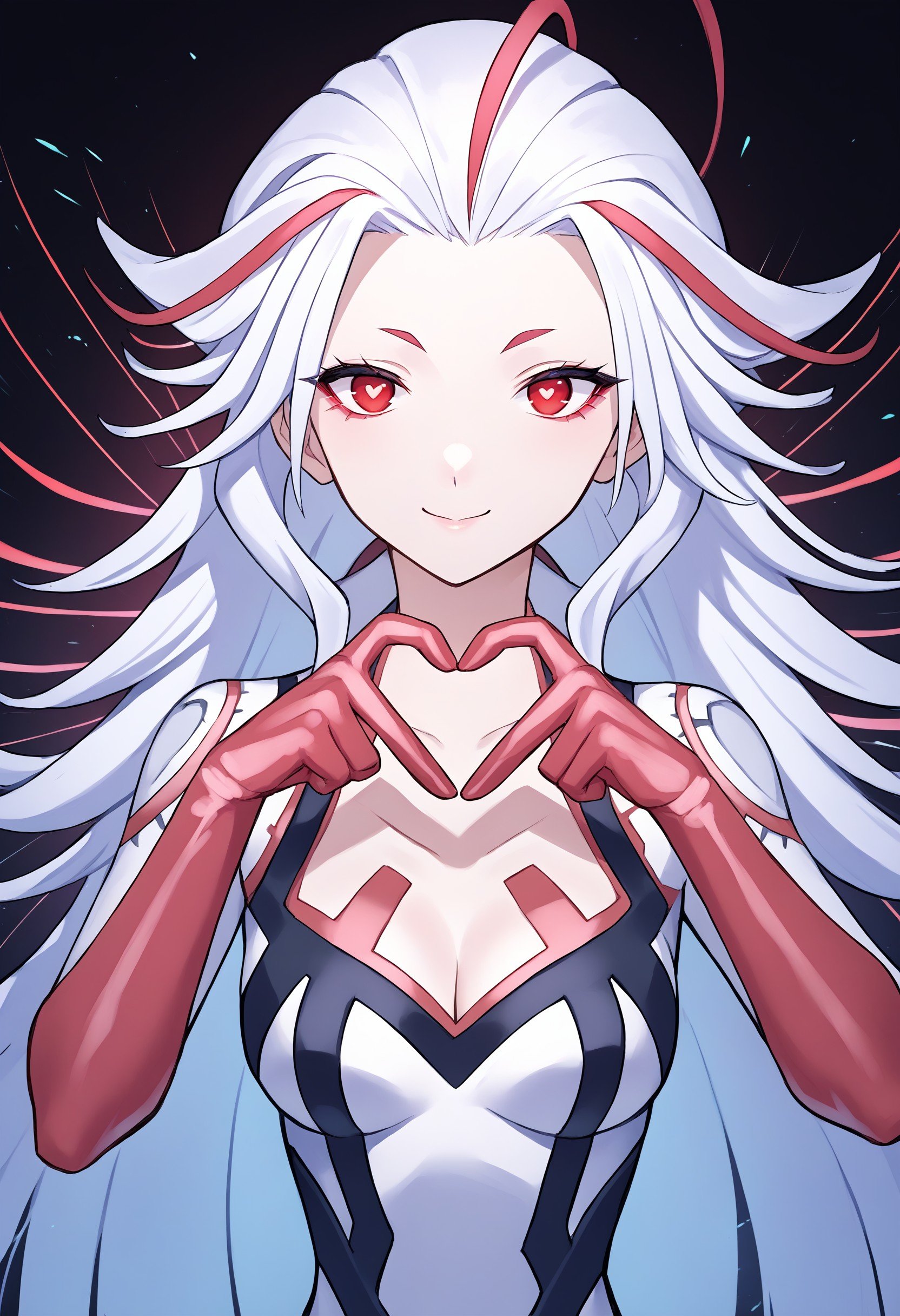 score_9_up, score_8_up, source_anime, BREAK, tsfaiba, 1girl, solo, alone, long white hair, very long hair, streaked hair, red eyes, glowing eyes, white outfit, cleavage, red arms, smile, (upper body), looking at viewer, abstract background, cybernetic, futuristic, neon, heart hands, heart fingers, , <lora:4d3f1b96-6739-4dc1-b9cc-024f86522cea:1.0>, <lora:73c8742f-6218-44ac-9e29-8f5c078b3026:1.0>