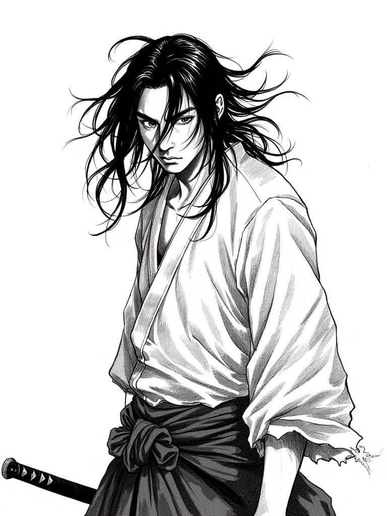 Ueno,a blank and white drawing of a A wandering swordsman,with a stern gaze and long,unkempt hair. Dressed in tattered clothing,. Focus on dynamic linework and ink washes,emphasizing a sense of weariness and resilience.,