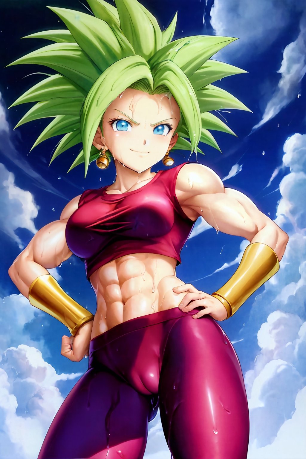 scan, (extremely detailed CG unity 8k wallpaper:1.1), (traditional media:0.9), (sketch:0.9), tracing, ultra-detailed, soft lighting, anime, (1girl), KeflaSS, green hair, blue eyes, muscular, (abs), green earrings, golden bracers, (pink yoga pants:1.2), (pink yoga bra:1.2), (cameltoe:1.3), (wet skin:1.3), outdoors, sky, clouds, legs spread, looking at viewer, [from below:0.9], [nipples:0.9], hands on hip, smug, smile, grin, <lora:Kefla2:0.7>, toriyama akira, thick thighs