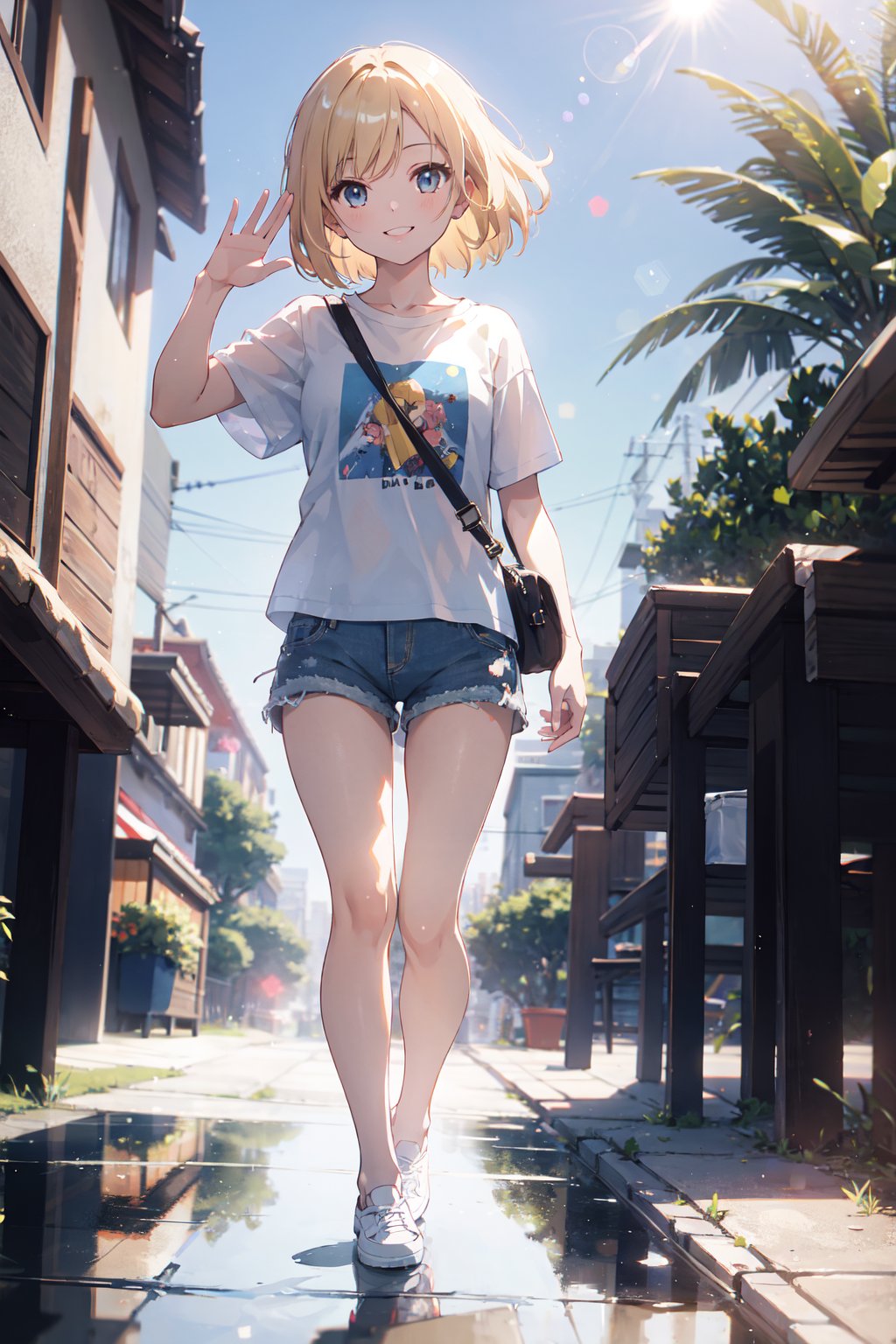 masterpiece,best quality,(ray tracing, reflection light, film grain),,1girl,smile, waving,Blond hair, Spirit, (full body),White round-necked T-shirt,Denim shorts,Outdoor,bokeh,, (midday:1.5),(Blue sky:1.2), <lyco:GoodHands-beta2:1.0>