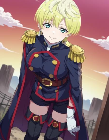 score_9, score_8_up, score_7_up, source_anime,tenkaizumo, <lora:tenka-izumo-s1-ponyxl-lora-nochekaiser:1>tenka izumo, short hair, blue eyes, blonde hair,thighhighs, gloves, jewelry, earrings, boots, shorts, belt, uniform, military, military uniform, thigh boots, epaulettes,outdoors, wasteland, bent over, smile,looking at viewer, cowboy shot, dutch angle, solo,