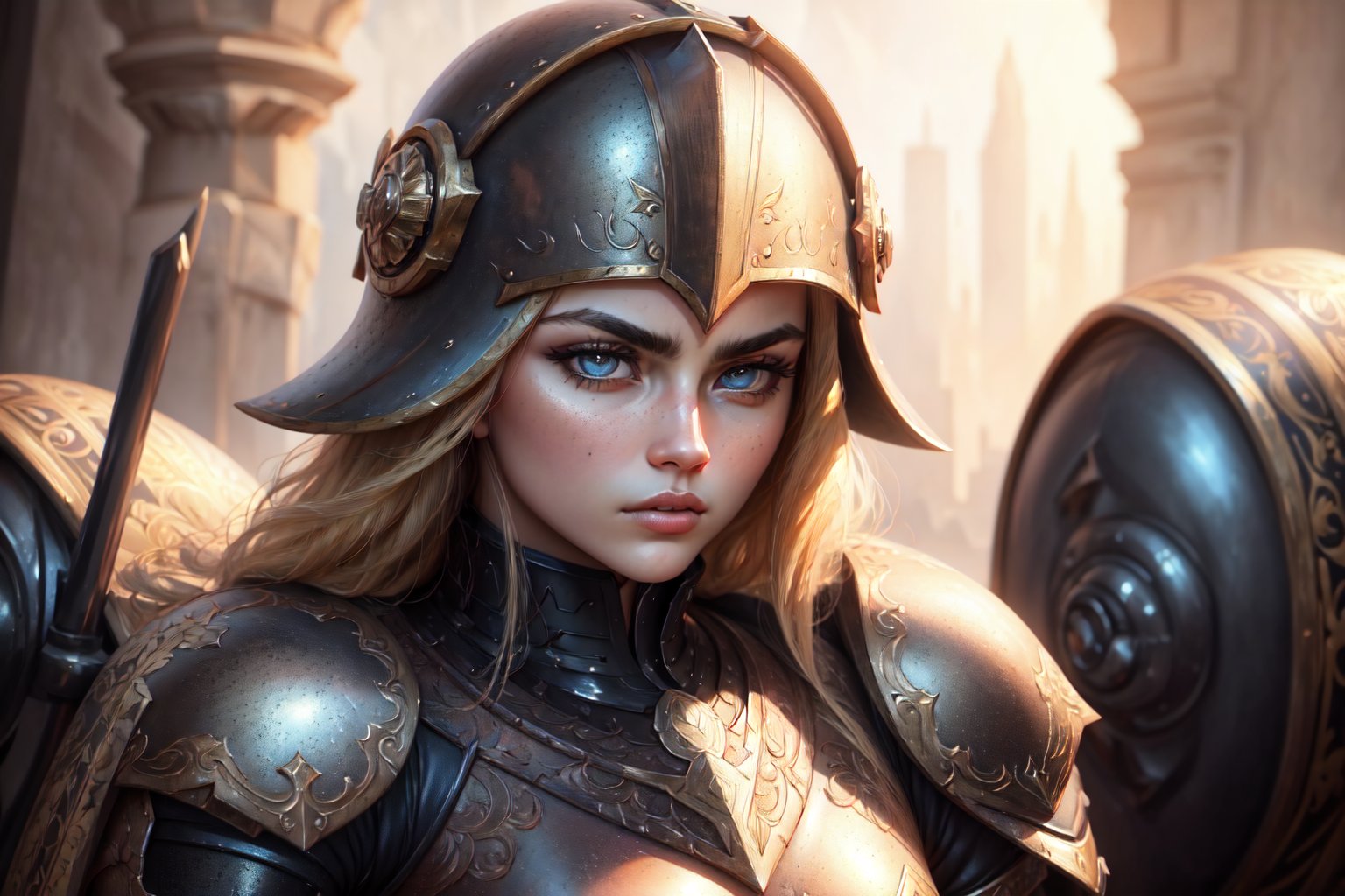 ((best quality)), ((masterpiece)), (detailed), beautiful face, female warrior, (defiance512:1.2), big eyes, heavy black iron armor, detailed helmet, intense gaze, battle-ready, contrasting soft skin, (lighting:1.2), close-up portrait, 4:3 aspect ratio.