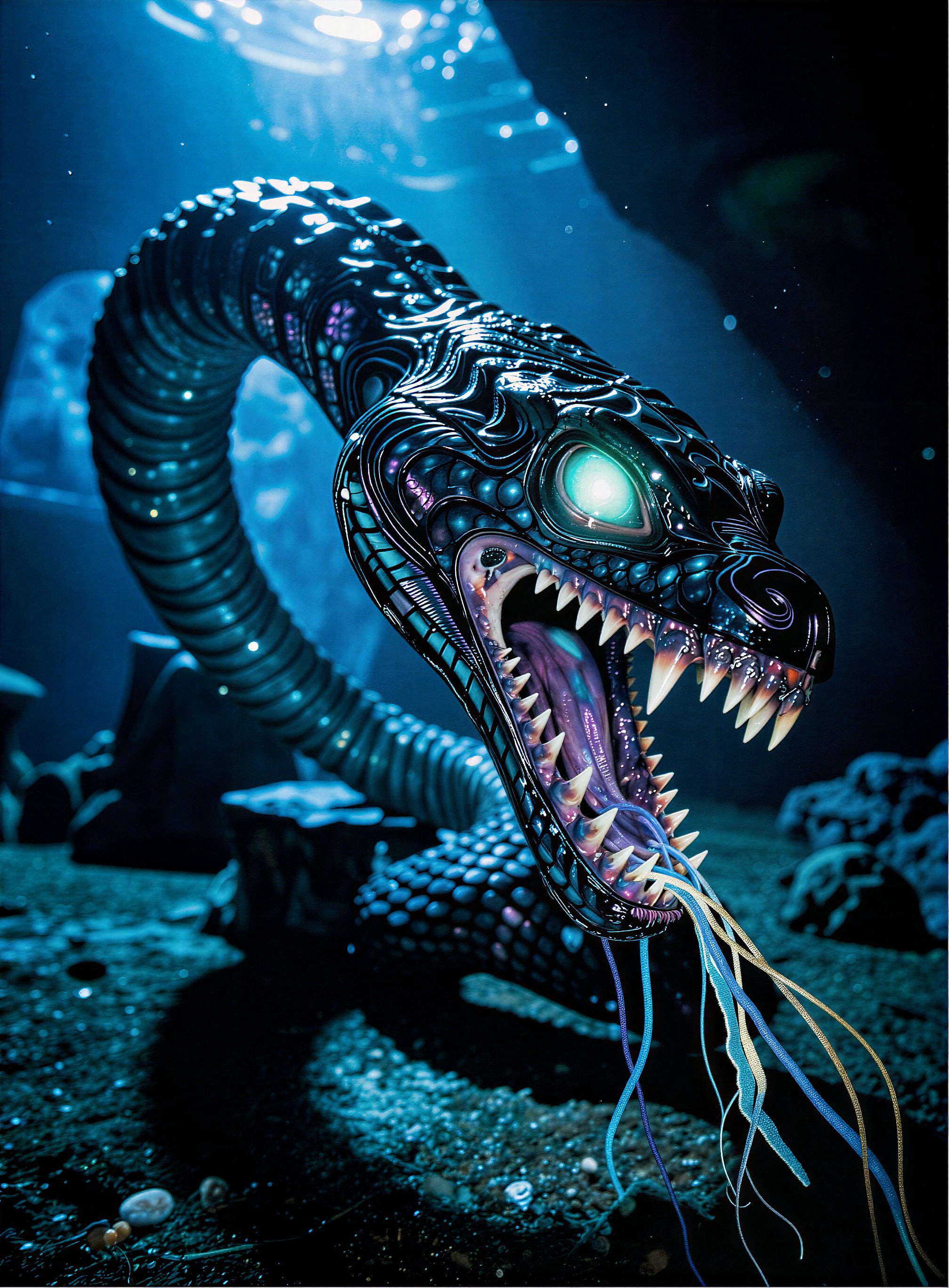 A monstrous bioluminescent creature emerges from the inky depths,  its obsidian scales shimmering like polished void under...