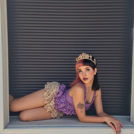 looking away, motor vehicle, blinds, blue eyes, black background, hair flower, colored skin, tail, chocolate, crown, grey background, still life, tongue piercing, black nails, purple lips, panties, window, thighs, ear piercing, white border, bloomers