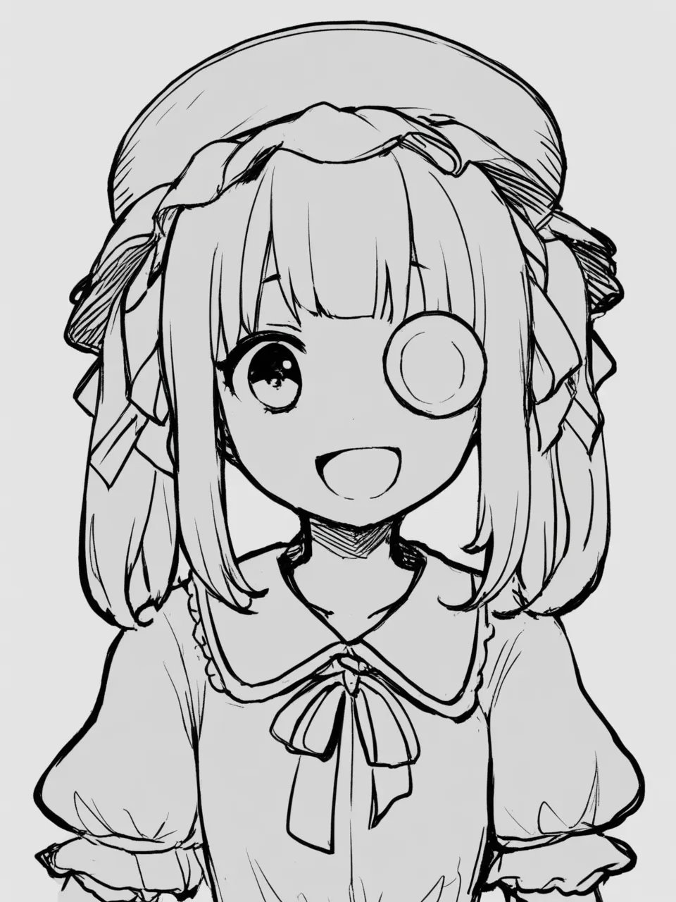 1girl,    inkstyle, monochrome, greyscale, silhouette, greyscale, (white background:1.2), loli, looking at viewer, ribbon-trimmed shirt, hat bow, hat, straight-on, split mouth, puffy short sleeves, parody, short sleeves, hair ribbon, open mouth, ribbon trim, smile, hair over one eye, one eye covered, shirt, frills, simple background, solo, upper body, frilled shirt collar, medium hair, puffy sleeves, frilled hat, :d, ribbon, bow, masterpiece, newest, absurdres, safe <lora:inkstyle:1>