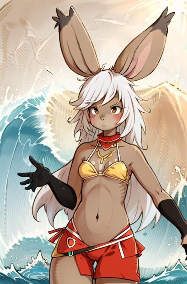 (anthro furry:1.2), VieraCzar, (viera, dark skin, brown eyes, short hair, bikini, pinup), (sea, sand, waves, sun), (masterpiece:1.2), (perfect hands:1.2), detailed eyes, perfect face, hires, ultra-high resolution, 8K, high quality, (sharp focus:1.2), clean, crisp, cinematic, <lora:VieraFFTA-14:1>