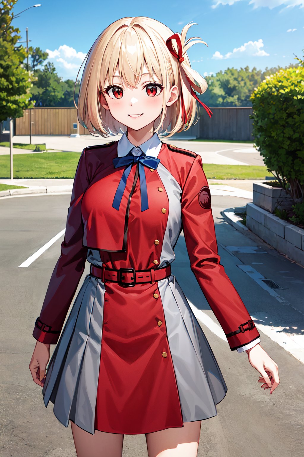 masterpiece, best quality, highres, aachisato, short hair, hair ribbon, breasts, neck ribbon, collared shirt, lycoris uniform, two-tone dress, red dress, grey dress, long sleeves, red belt, <lora:nishikigi_chisato_v1:0.7>, standing, cowboy shot, outdoors, smile