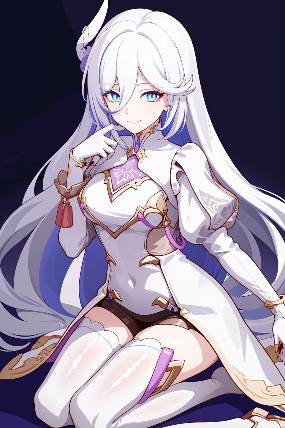 <lora:羽兔-000013:0.75:lbw=char>,yutu honkai3rd,long hair,hair between eyes,solo,looking at viewer,gloves,closed mouth,smile,breasts,blue eyes,hair ornament,very long hair,long sleeves,white thighhighs,dress,kneeling, 1girl,,  (masterpiece,best quality:1.2),absurdres