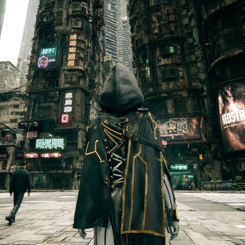 A wide shot captures a mysterious individual standing in a dense,  gritty Cyberpunk City reminiscent of the layered urban...