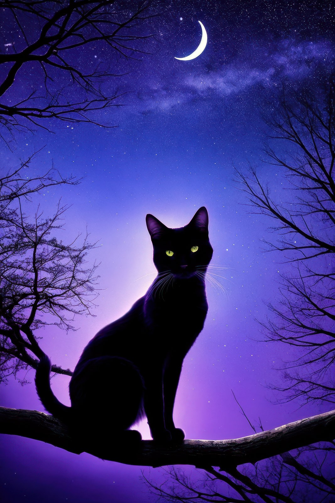 1cat, mixed Korean, Kpop idol, Surreal night scene, silhouette of a cat sitting on a tree branch, crescent moon in the sky, purple hues, starry night, dreamlike atmosphere, glowing edges, mystical, high contrast, ethereal light, detailed textures, whimsical, high gradient eyes, detailed eyes, high definition eyes