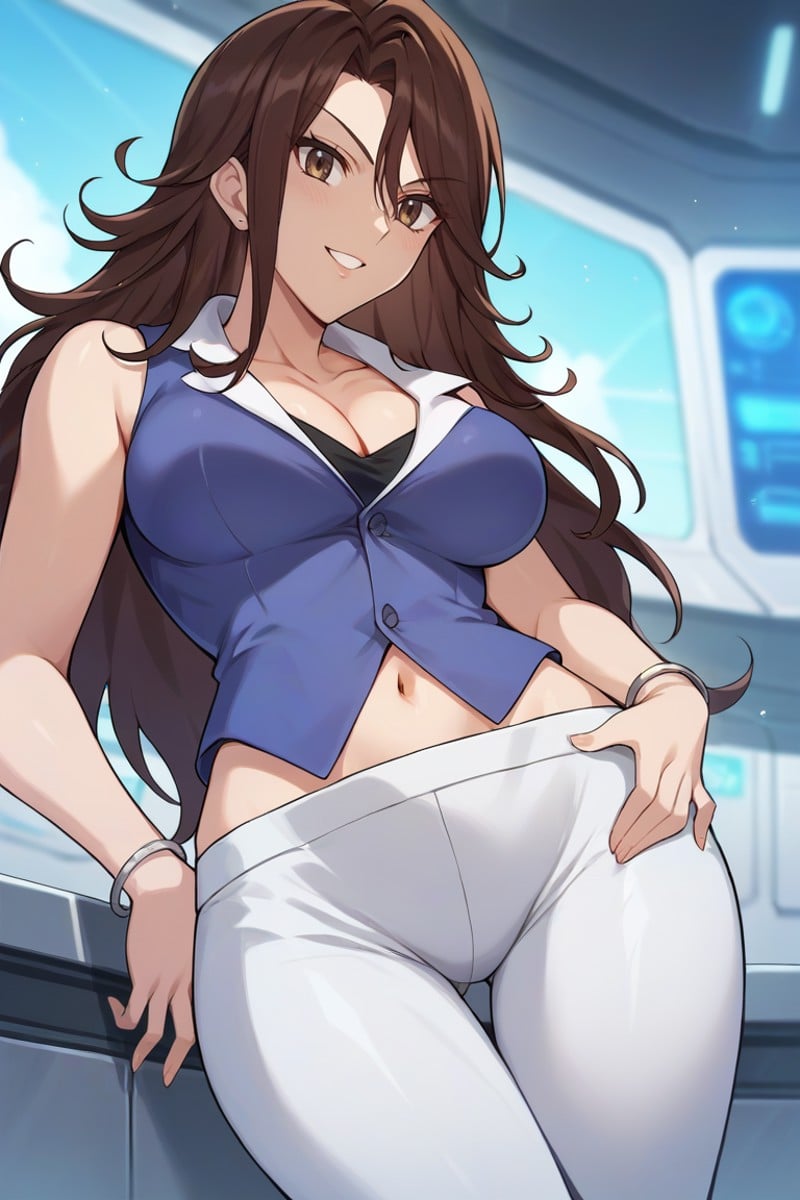 score_9, score_8_up, score_7_up, score_6_up, score_5_up, score_4_up, source_anime,solo, 1girl, sexy female, tall female, breasts, <lora:Sumeragi-08:1>, sumeragi, brown hair, long hair, brown eyes, crop top, blue vest, cleavage, sleeveless, midriff, navel, bracelet, white pants, tight pants,grabbing own hip, seductive smile, looking at viewer,inside spaceship