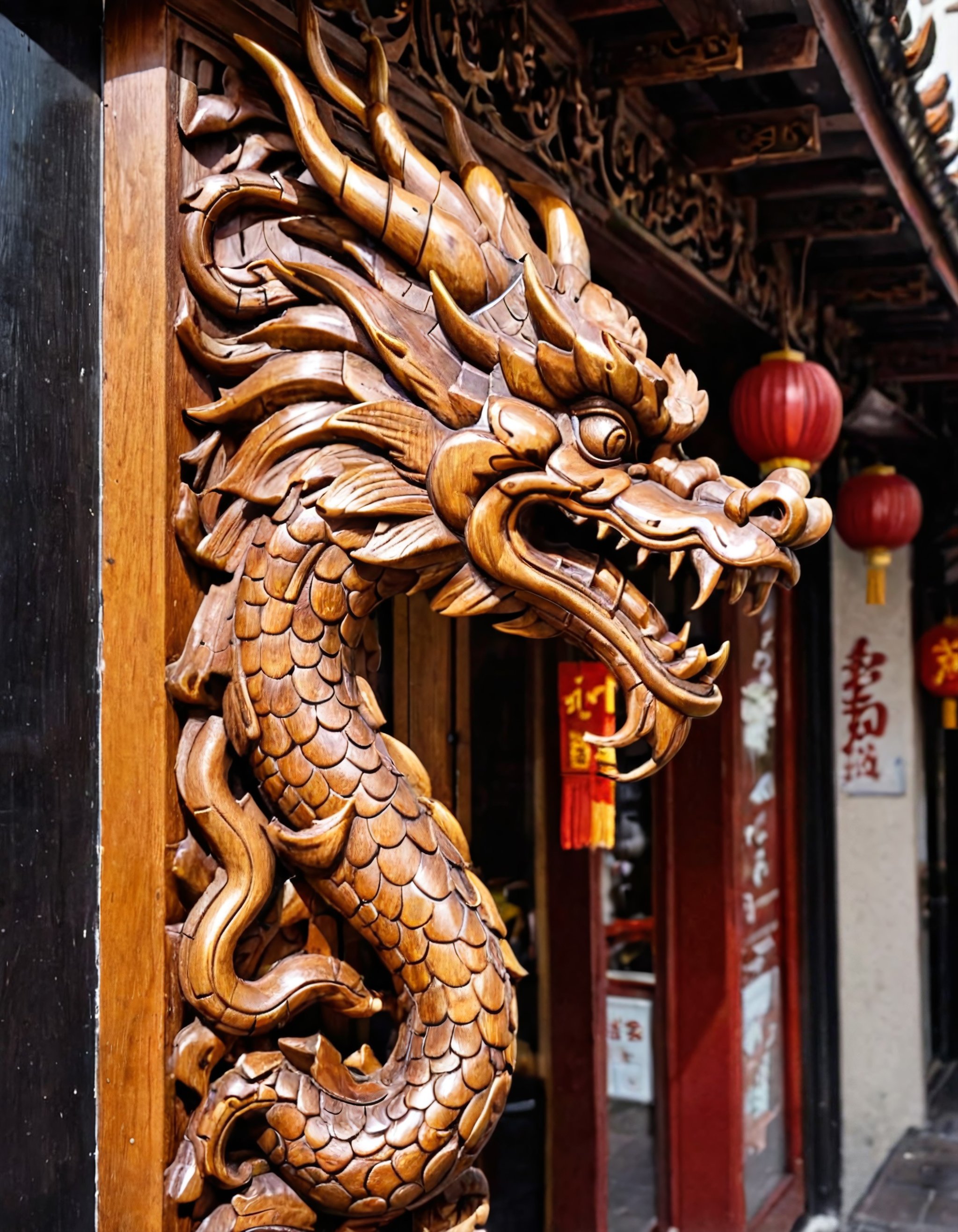 7-woodsculpture, chinese dragon on the facade of a chinese restaurant, dragon head, wood sculpture in a city centre, in front of a chinese restaurant