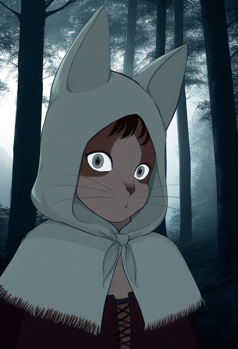 @baige0. An anthropomorphic female cat with light brown fur and wide,  pale eyes gazes toward the viewer from a dense,  di...