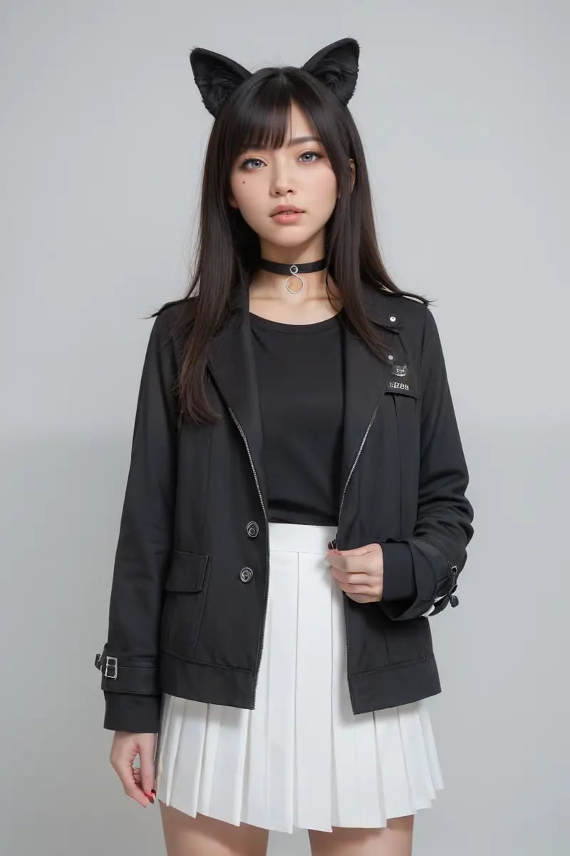 score_9,score_8_up,score_7_up, 20 years old, 8k, hd, beautiful girl, asian,1girl, animal ears, bangs, black choker, black jacket, choker, grey background, grey eyes, jacket, lips, long hair, long sleeves, looking at viewer, pleated skirt, realistic, skirt, solo, standing, white skirt, (fuller lips:0.8), beauty mark,half body,