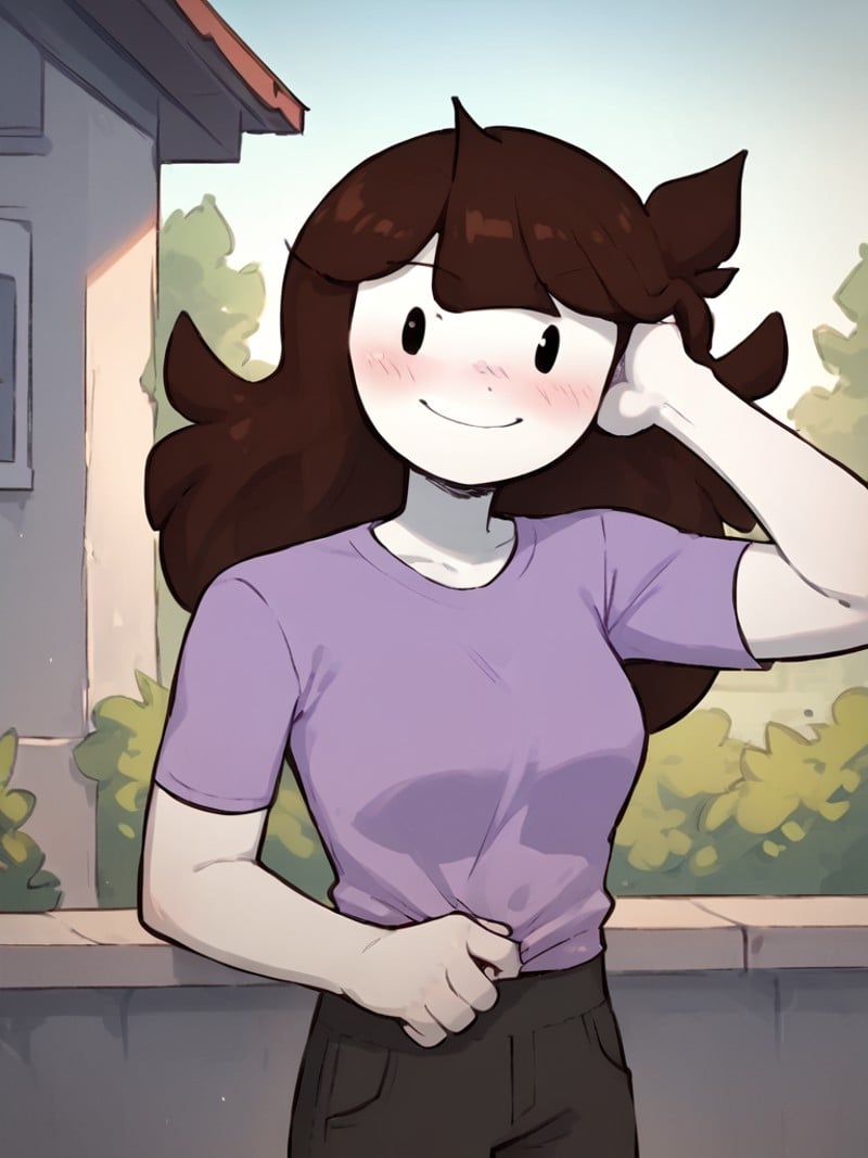 <lora:JaidenPony1.0:1> jaiden, 1girl, purple shirt, long hair, solo, brown hair, flat color, short sleeves, white skin, grey pants, black eyes,looking at viewer, scratching head,smile,blush,   outside, score_9, score_8_up, score_7_up, score_6_up <lora:Smooth Anime Style LoRA XL:1>