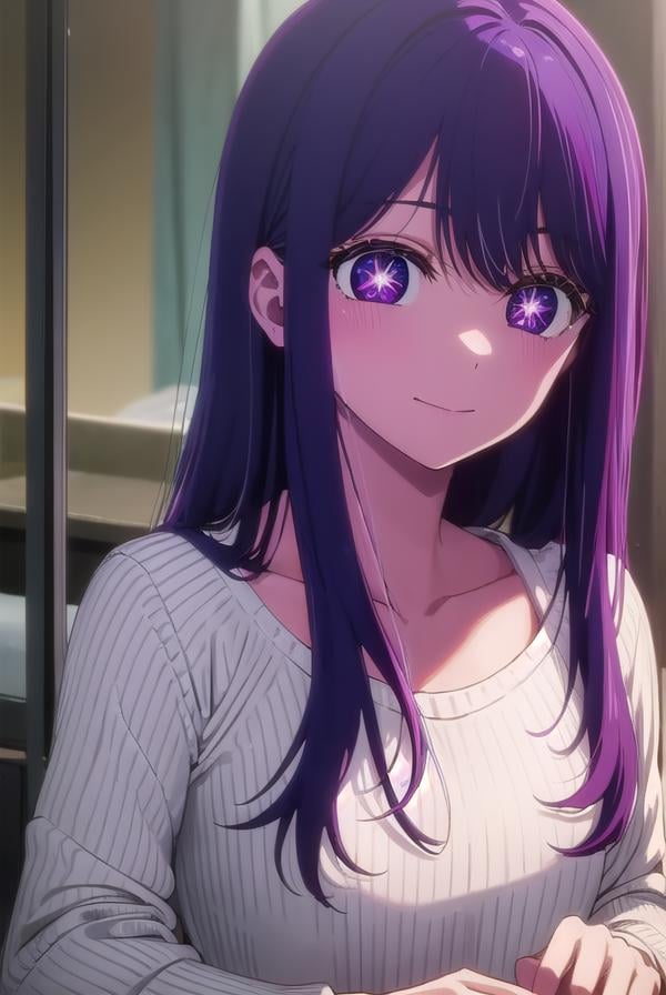 aihoshino, <lora:ai hoshino s1-lora-nochekaiser:1>,ai hoshino, long hair, bangs, (purple eyes:1.1), purple hair, (symbol-shaped pupils:1.5), smile,BREAK long sleeves, sweater, ribbed sweater, camisole, white camisole,BREAK indoors,BREAK looking at viewer, (cowboy shot:1.5),BREAK <lyco:GoodHands-beta2:1>, (masterpiece:1.2), best quality, high resolution, unity 8k wallpaper, (illustration:0.8), (beautiful detailed eyes:1.6), extremely detailed face, perfect lighting, extremely detailed CG, (perfect hands, perfect anatomy),