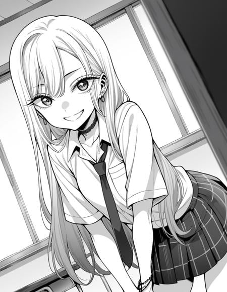 score_9, score_8_up, score_7_up, source_anime,marinkitagawa, <lora:marin-kitagawa-manga-ponyxl-lora-nochekaiser:1>,marin kitagawa, long hair, bangs, monochrome, greyscale,skirt, shirt, jewelry, school uniform, white shirt, pleated skirt, earrings, necktie, choker, bracelet, plaid, black choker, plaid skirt,indoors, classroom, bent over, smile,looking at viewer, cowboy shot, dutch angle, solo,