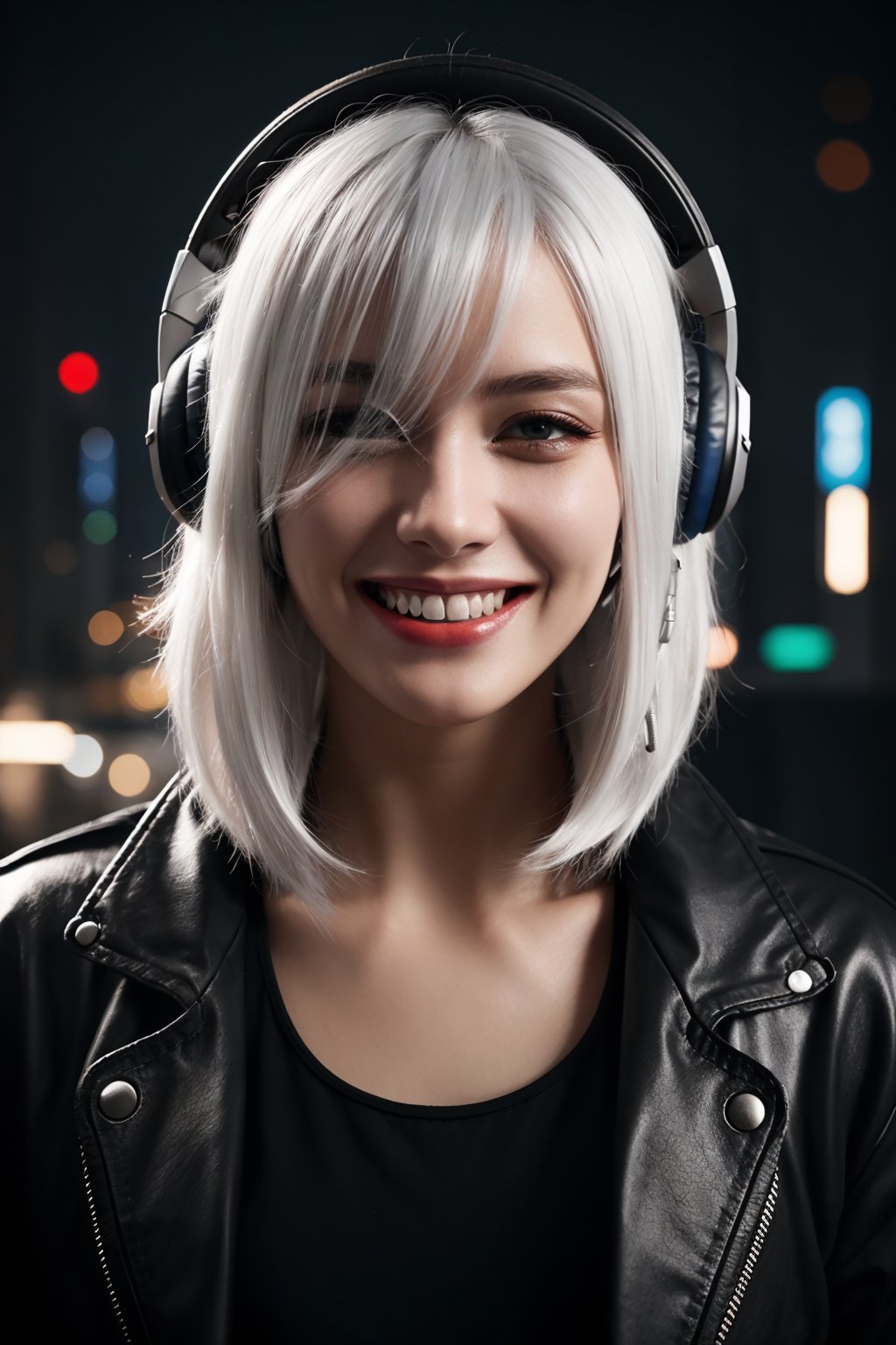 ultra detailed 8k, split-color hair, black hair, white hair, (cyberpunk:1.1), headphones, hair over one eye, grin, looking at viewer, cowboy shot,