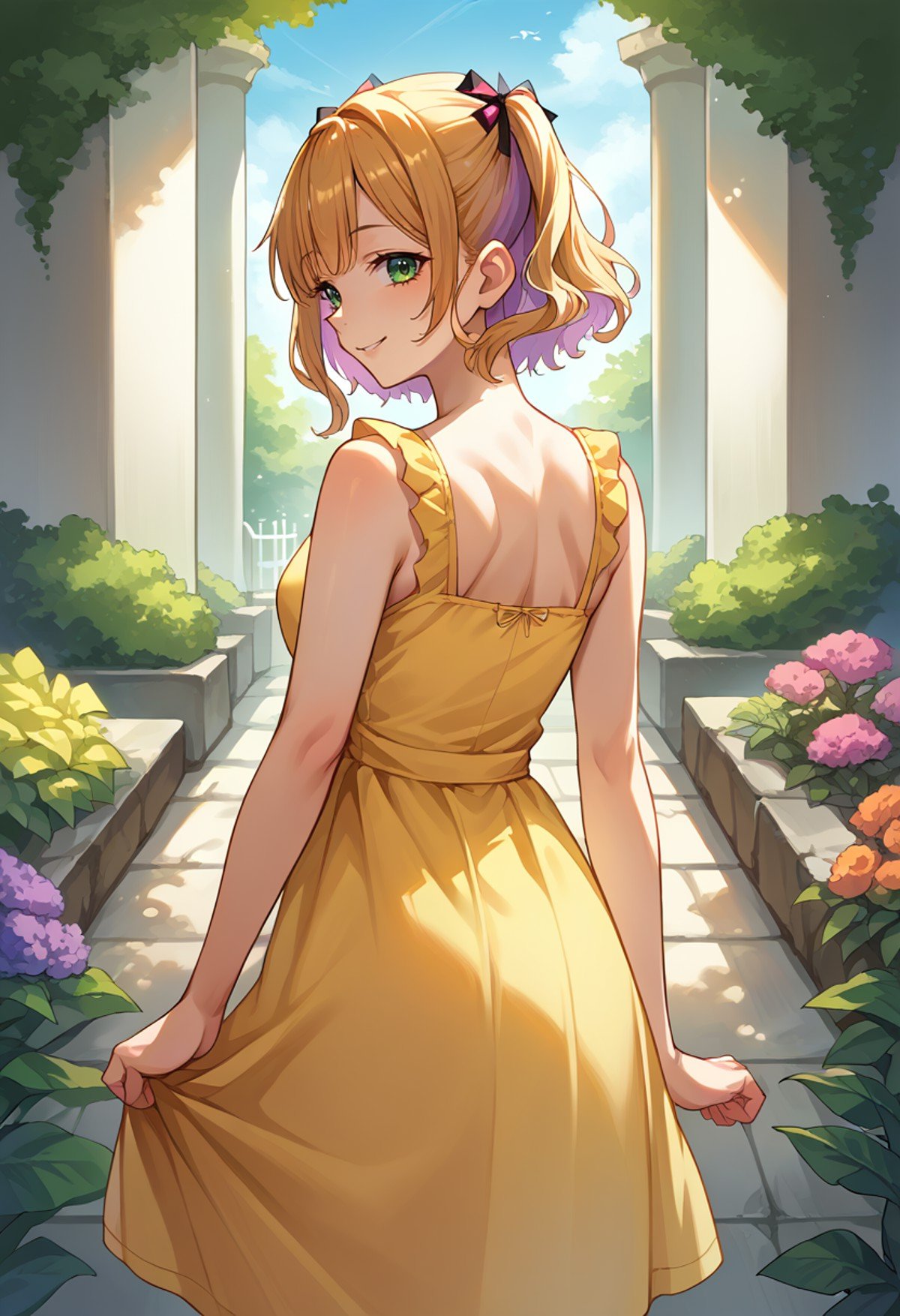 score_9, score_8_up, source_anime, 1girl, solo, KurumiNoah, short hair, two side up, hair ribbons, from behind, yellow sundress, garden, day, sunshine, smile, looking back, <lora:ChamKurumiNoahPonyXL:1>