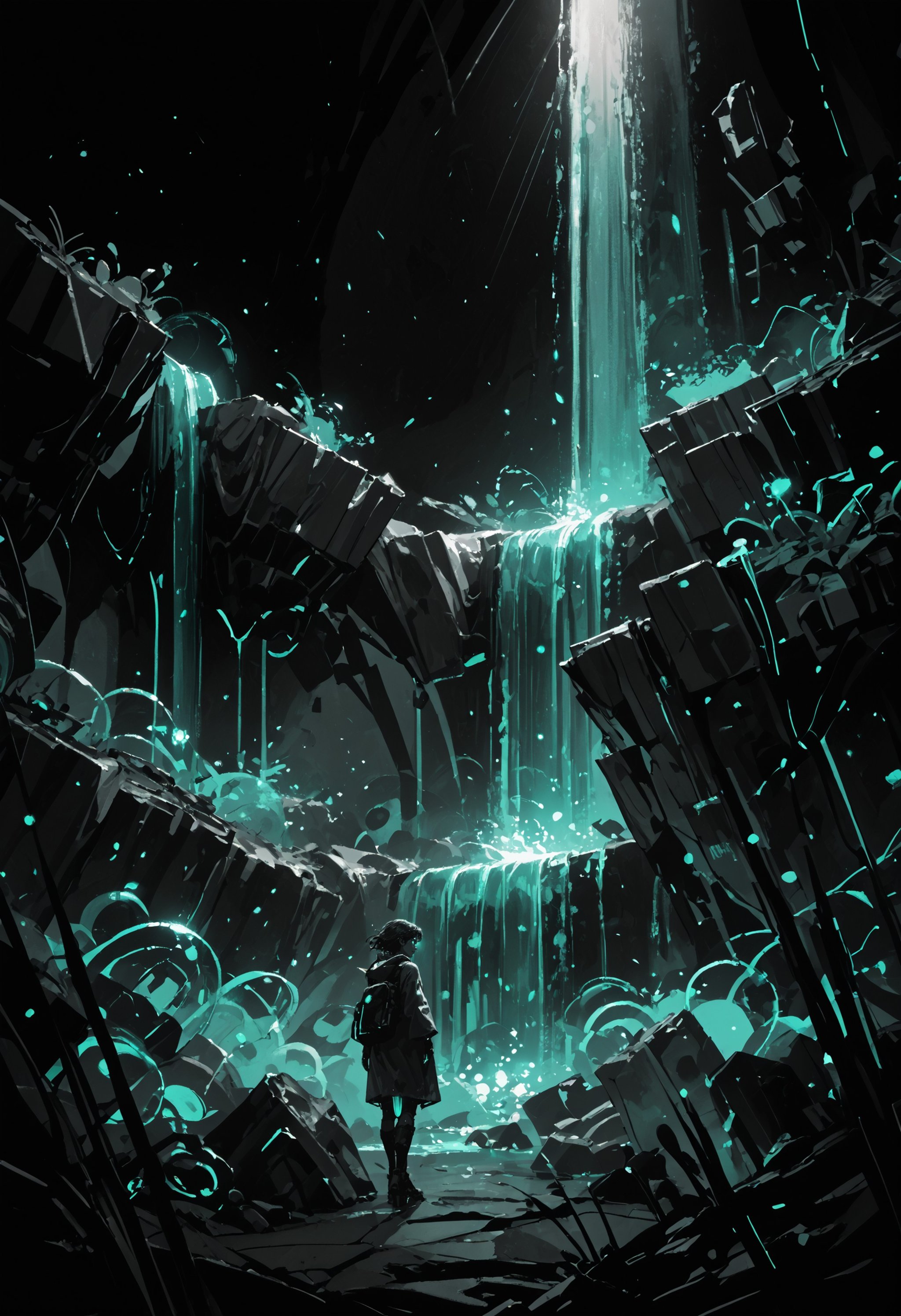 score_9, score_8_up, score_7_up, score_6_up, 1girl,   glowing teal eyes, abstract art, concept paint,teal waterfall, light rays,  light particles, <lora:ConceptPaint_V1.1:1>, <lora:Color-VS-Grey_PonyXL:1> colorvsgrey, monochrome, greyscale