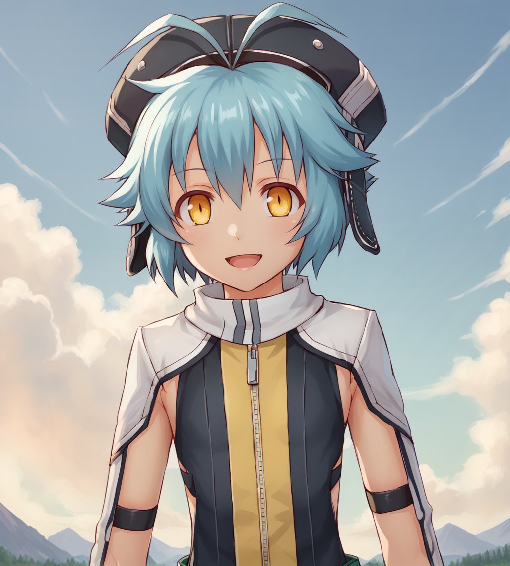 score_9, score_8_up, score_7_up, source_anime, BREAK,<lora:TrailsOfColdSteel-ClassVII:0.9>, Millium Orion, blue hair, short hair, antenna hair, ahoge, yellow eyes,  flat chest, black hat, headwear, black and yellow vest, white shoulder armor, zipper,  white shorts, black thighhighs, green belt, white boots,BREAK,1girl, solo, happy, looking at viewer, upper body, portrait,BREAK,asamura hioriBREAK,1girl, outdoors, sky, clouds, distant mountains,