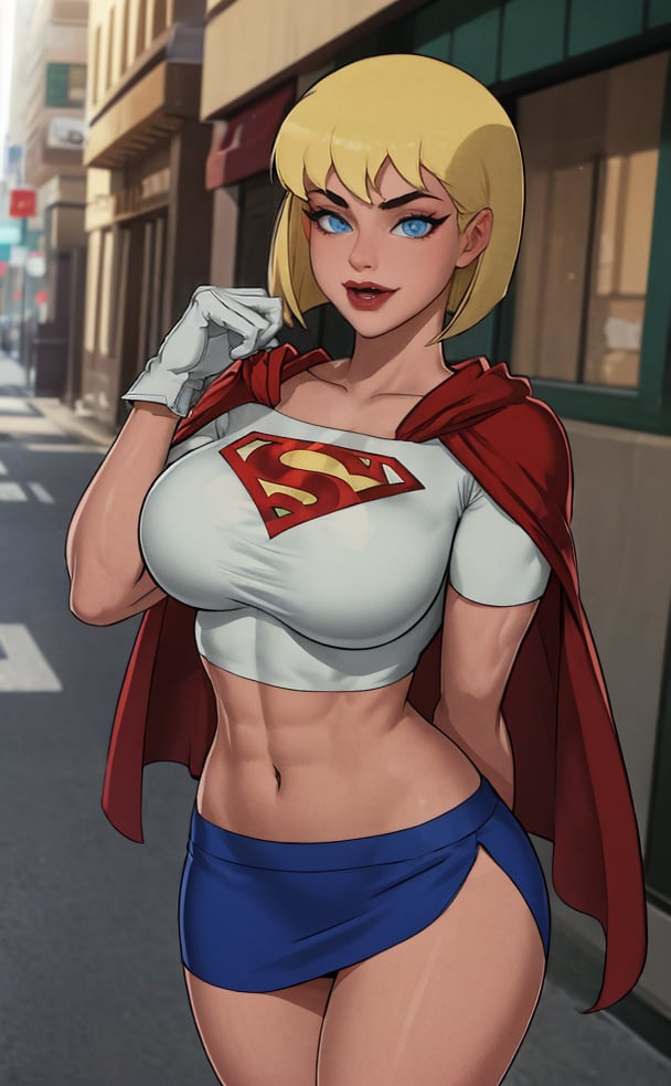 ((masterpiece, best quality)), outdoors,SuperCostum_Galatea_ownwaifu,1girl, lipstick, makeup, blonde hair, short hair, dark skin, blue eyes, red lips, bangs, large breasts, thighs, bob cut, red cape, white gloves, crop top, midriff, blue skirt, miniskirt, navel, superhero, taut clothes, short sleeves, (seiza)<lora:DC_JLU_Galatea_ownwaifu:0.7>, depth of field, bokeh, vanishing point, solo, looking at viewer, insaneres, absurdres,