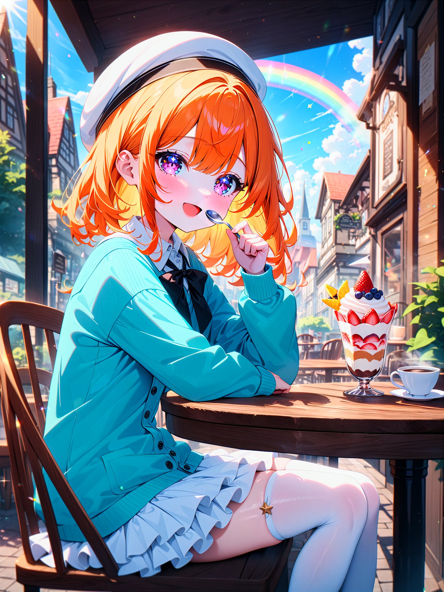 masterpiece, best quality, very aesthetic, absurdres, newest, 1girl, cute girl, teenage,Pink eyes, Orange hair, Medium hair,Tiffany blue cardigan, white hat, black bow, white skirt, frilled skirt, white legwear,smile, on chair, sitting, best detailed girl, open mouth, front, looking at viewers, knees, holding spoon, cafe, rainbow, outdoors, town, day, blue sky, sun, sunlight, star \(symbol\), wooden chair, wooden table, teacup,table, cake, coffee, parfait, sweets, lighting forward, star ornament, beautiful detailed sky, 