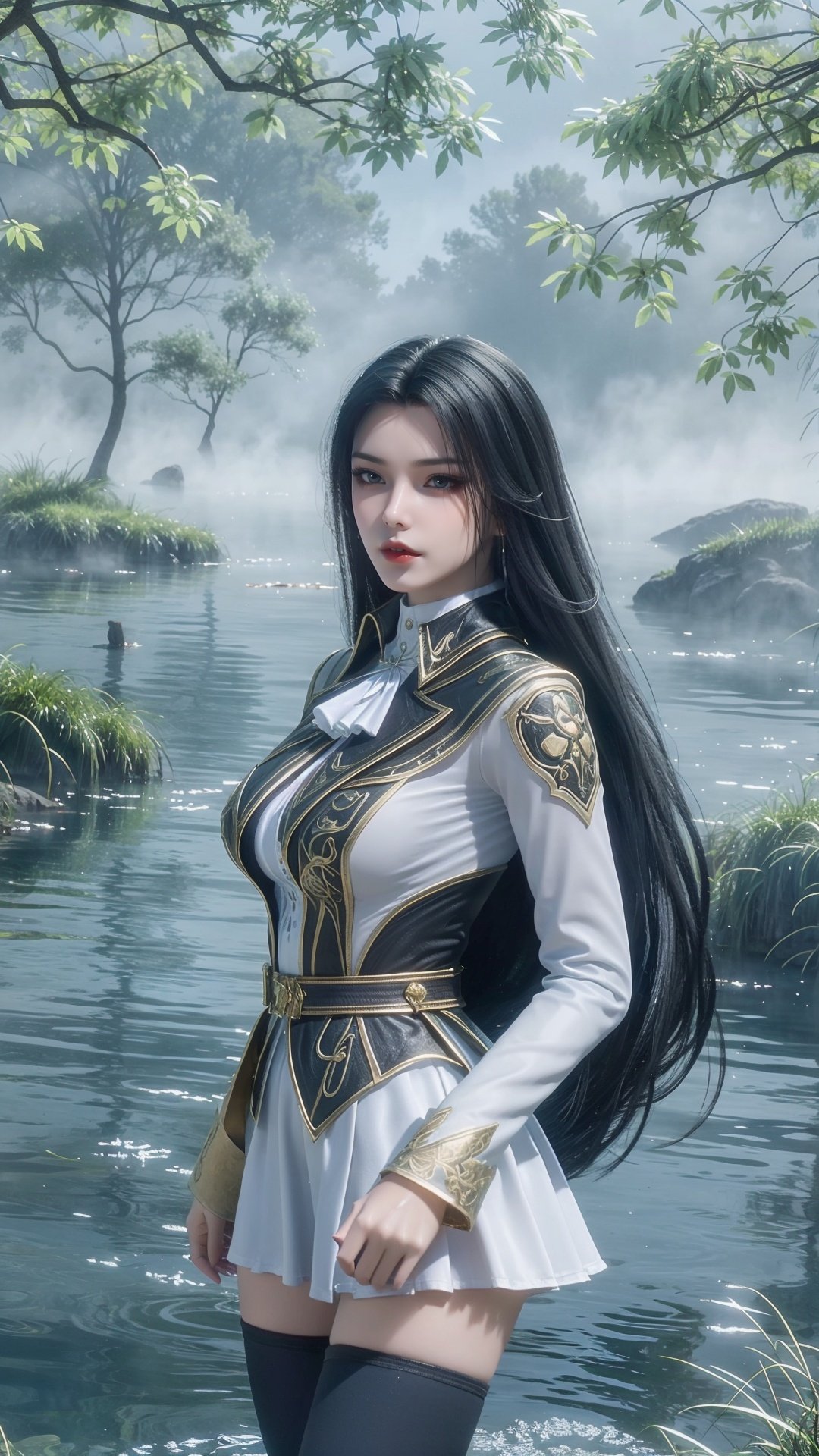 <lora:LLC_20240404231921-000009:0.75>,LLC,1girl,long hair,black hair,solo,blue eyes,closed mouth,portrait,red lips,looking at viewer,1girl,long hair,black hair,solo,snow,thighhighs,water,tree,dress,outdoors,sky,blue eyes,winter,white thighhighs,branch,white skirt,looking at viewer,blue sky,bare tree,white dress,skirt,long sleeves,jacket,wading,ascot,parted lips,<lora:SLS_20240322204641:0.5>,SLS,pond,willow,rock,Large breast,Giant breasts,sexy,seduce,sunlight,light rays,cinematic lighting,glowing point,<lora:HDR:0.5>,<lora:MHB:0.3>,