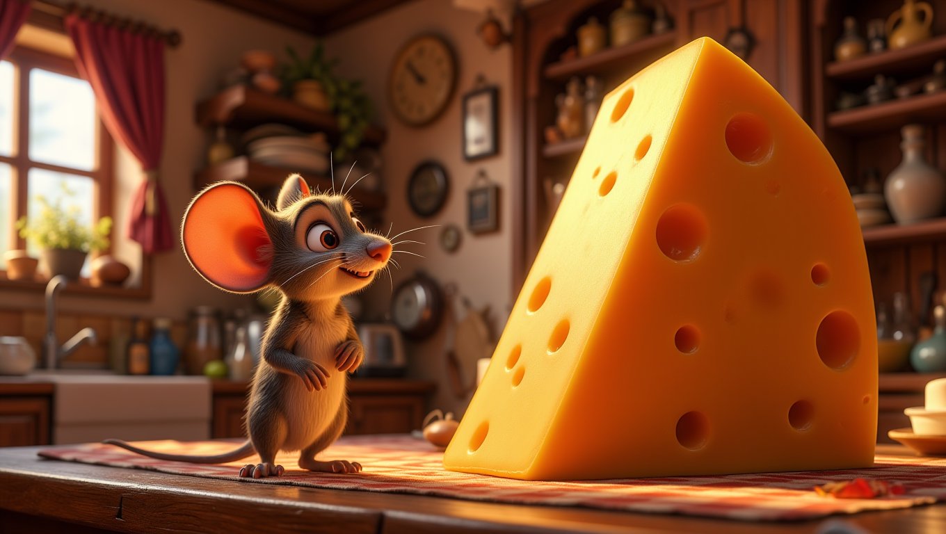 A tiny mouse with a determined expression is standing on a kitchen counter, staring up at a giant piece of cheese on a high shelf. . The kitchen is large and cozy, with old-fashioned appliances and a warm light filtering through the curtains  <lora:Cute_3d_Cartoon_Flux:0.6>