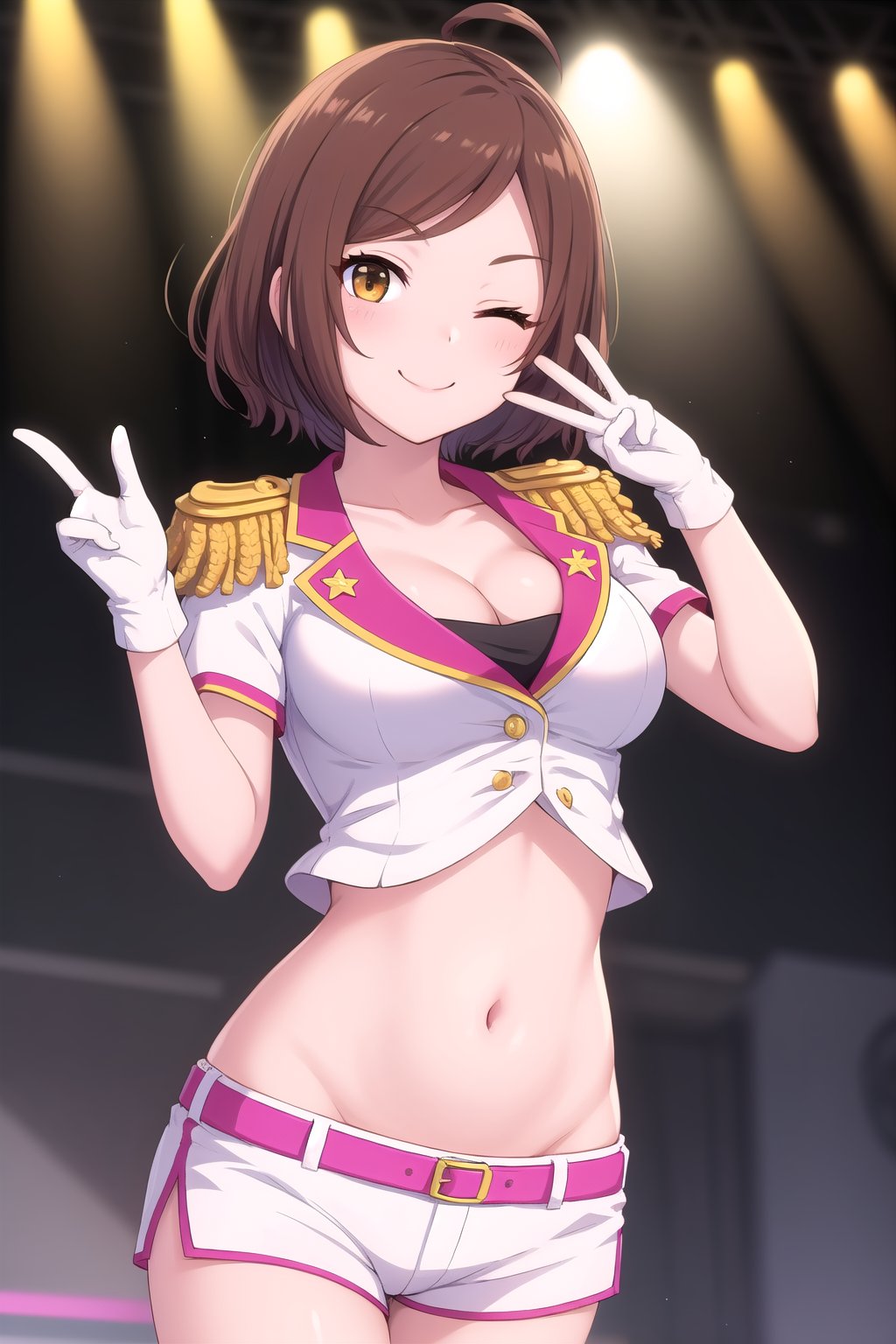 (masterpiece, best quality), highly detailed background, perfect lightingbest quality, imyujin, solo, indoors, stage, stage lights, idol, brown hair, ahoge, swept bangs, parted bangs, short hair, one eye closed, brown eyes, medium breasts, epaulettes, white shirt, cleavage, short sleeves, black gloves, stomach, navel, pink belt, white shorts, short shorts, military uniform, smile, closed mouth, ;), <lora:Im-Yujin:0.5>