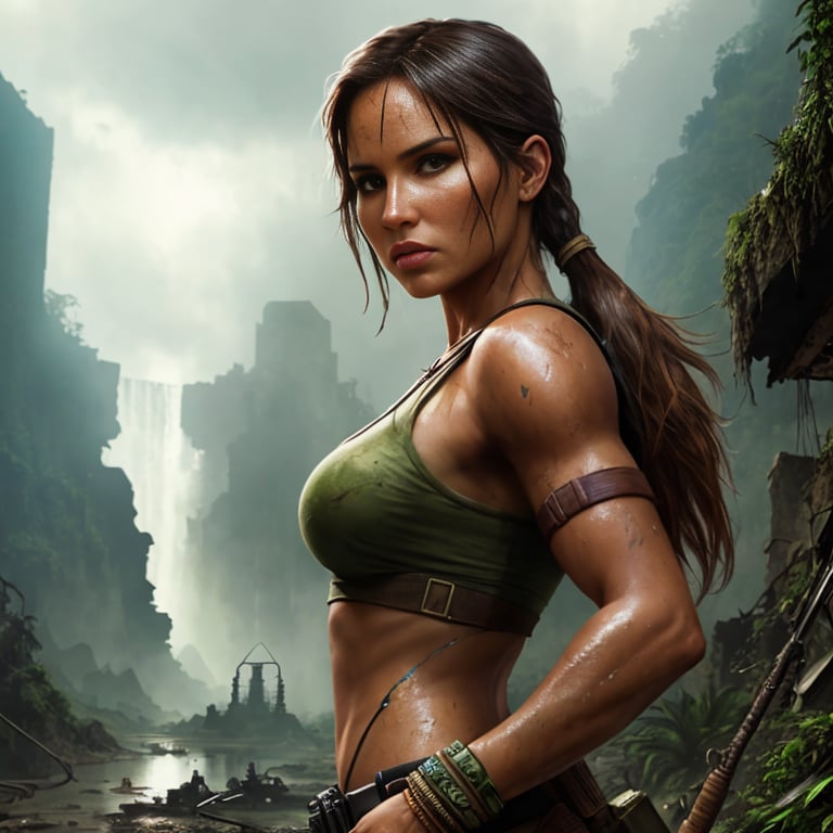 Lara Croft, ruined city in the jungle, soaking wet, hdr, muted colors, dramatic, complex background, cinematic, filmic, beautiful, hd, dream, ultra wide angle