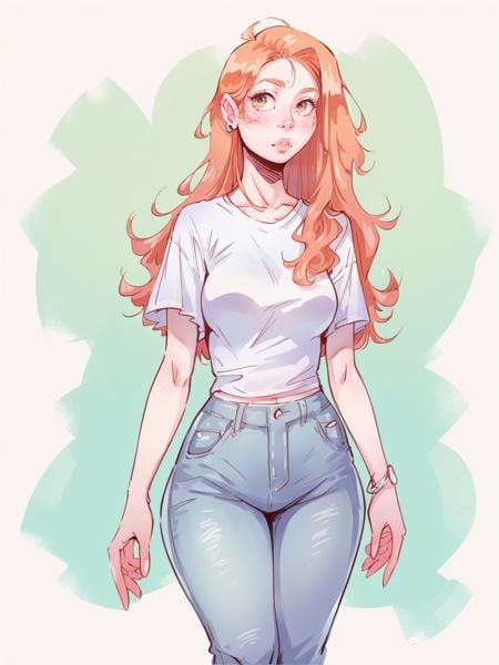 score_9, score_8_up, score_7_up, score_6_up, score_5_up,  <lora:bk1tXLP:1> bk1t, long hair, curvy, jeans, t-shirt, ginger hair,