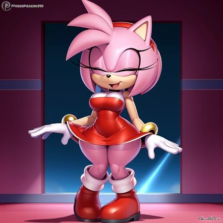 <lora:AmyRose1:1>, (masterpiece best quality:1.2), hdr, (uploaded on e621), (((by pakwan008, by chadthecartoonnut, by marthedog)), amy rose, 1girl, breasts, smile, bangs, large breasts, gloves, dress, holding, bare shoulders, closed mouth, standing, tail, closed eyes, thighs, hairband, boots, pussy, sleeveless, white gloves, uncensored, no panties, skin tone arms, sleeveless dress, ^ ^, thick thighs, short dress, red dress, happy, red footwear, furry, wide hips, outline, furry female, red hairband, white outline, body fur, solo, sonic the hedgehog \(series\),  animal ears, pink hair, pink fur, short hair, animal nose, closed eyes, 