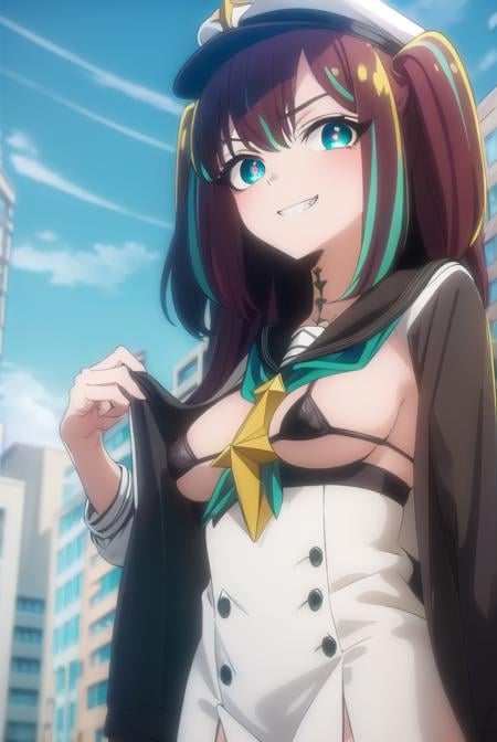 matamaakoya, <lora:matama akoya s1-alpha-lora-nochekaiser:1>,matama akoya, long hair, brown hair, (green eyes:1.3), multicolored hair, aqua eyes, two side up, streaked hair, smile, grin,BREAK skirt, thighhighs, long sleeves, hat, jacket, swimsuit, bikini, open clothes, black thighhighs, sailor collar, star \(symbol\), nail polish, neckerchief, black bikini, white headwear, (bikini top only:1.5),BREAK outdoors, city,BREAK looking at viewer, (cowboy shot:1.5),BREAK <lyco:GoodHands-beta2:1>, (masterpiece:1.2), best quality, high resolution, unity 8k wallpaper, (illustration:0.8), (beautiful detailed eyes:1.6), extremely detailed face, perfect lighting, extremely detailed CG, (perfect hands, perfect anatomy),