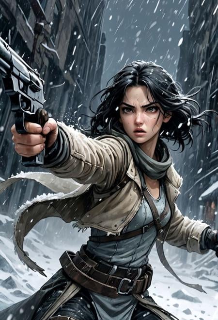 dynamic posing, rogue aiming weapon, dark fantasy, upper body, traditional native pale suede leather outfits, layered outfits, black haired, megalopole, dystopic, cropped framing, cinematic, graphic novel illustration, grungy, intricate textures, future background,(heavy falling big snowflakes:1.2), motion blur, 60fps, shutter speed