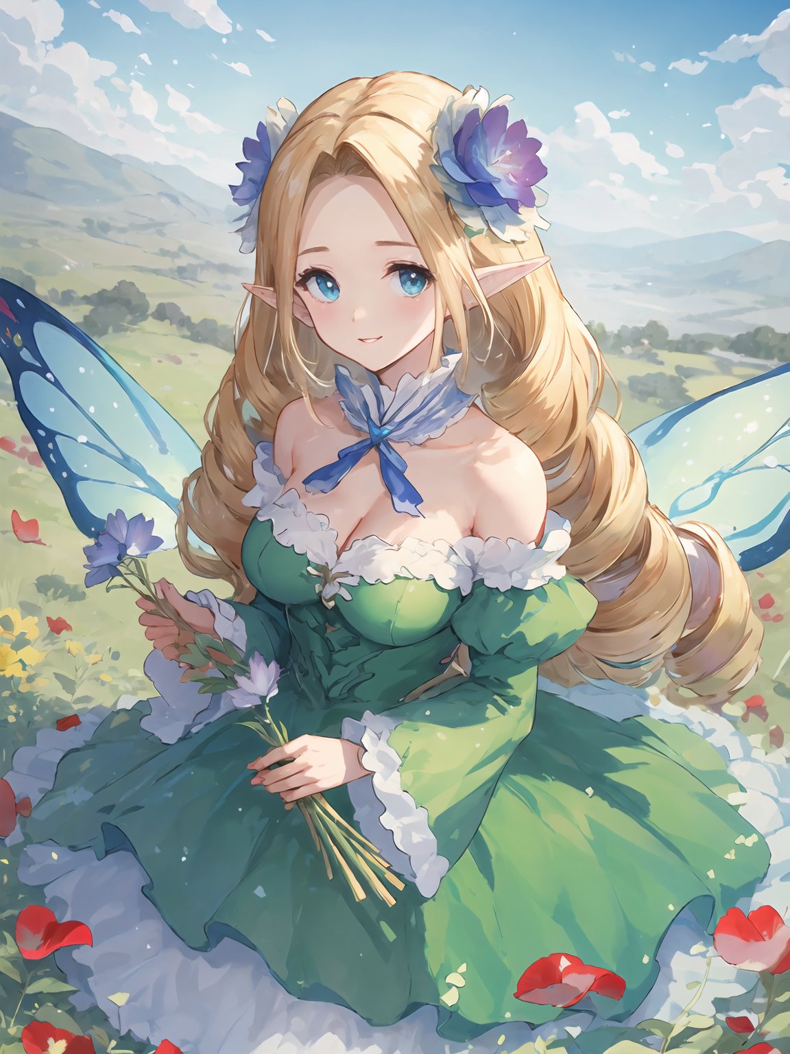 masterpiece,best quality,highres,cinematic lighting,dramatic angle,1girl,blonde hair,drill hair, green dress,parted bangs,cleavage,looking at viewer,pointy ears,blue eyes,bare shoulders,wings,frills,holding a bunch of flowers,presenting a bunch of flowers to viewer,parted lips,petal,grass,blue sky,smile,<lora:ShadowverseBrilliantFairyV1-000021:0.8:lbw=1,0.1,0.1,0.1,0.8,0.8,0.1,0.1,0.1,1,1,1,1,1,1,1,1>,detached collar,hair flower,from above,depth of field,detached sleeves,straight-on,head tilt,pov,close-up,wisp,fairy