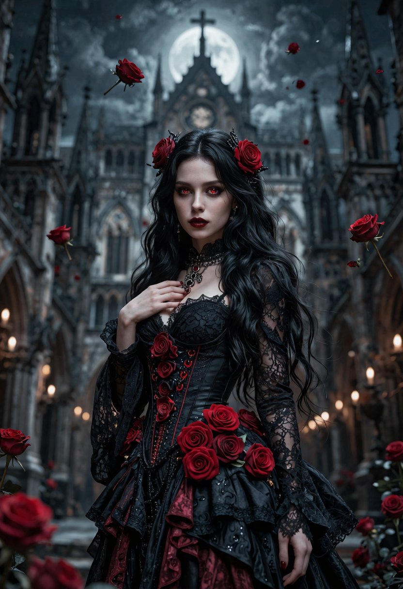 masterpiece,  breathtaking gothic woman with long black hair,  crimson eyes by Electric Dreams on Tensor.Art