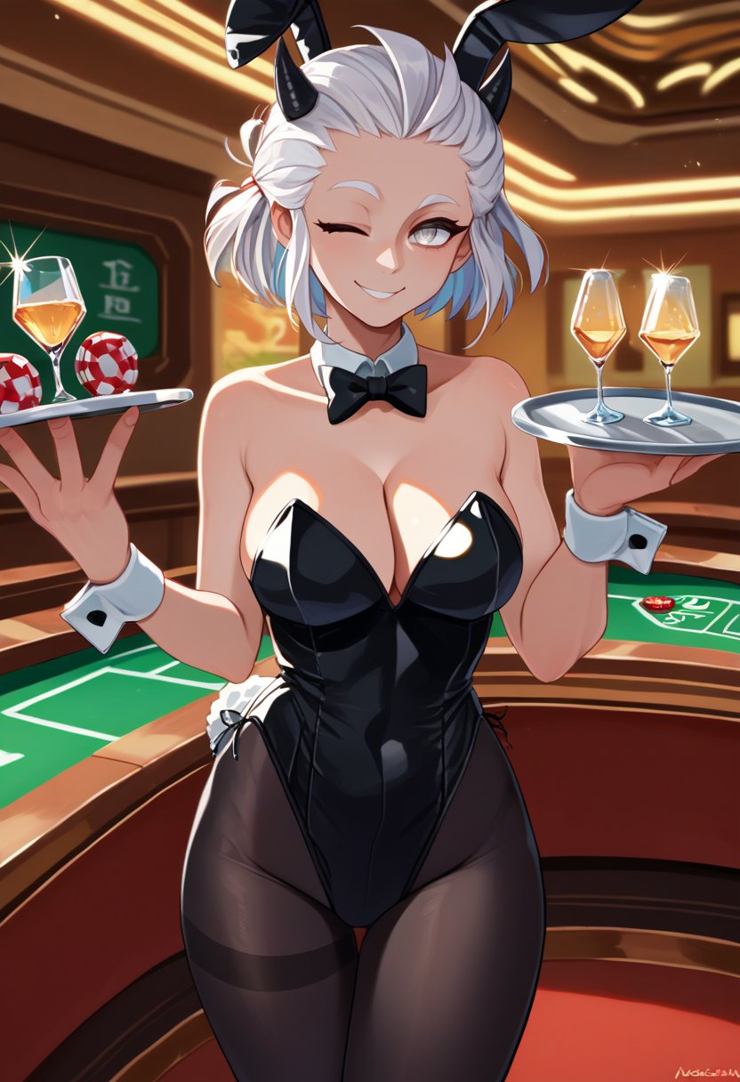 score_9, score_8_up, score_7_up, source_anime, solo, 1girl, justicedef, smile, looking at viewer, holding tray, short hair, black horns, demon horns, grey eyes, one eye closed, playboy bunny, black leotard, black pantyhose, cleavage, indoors, casino <lora:helltaker_justice_ponyXL:1>