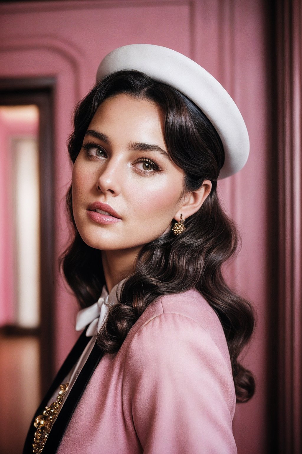 MonicaB_SoloTI_v1,  (In a vintage,  elegant bellhop uniform with impeccable detailing and a charming hat by Solo on Tensor...
