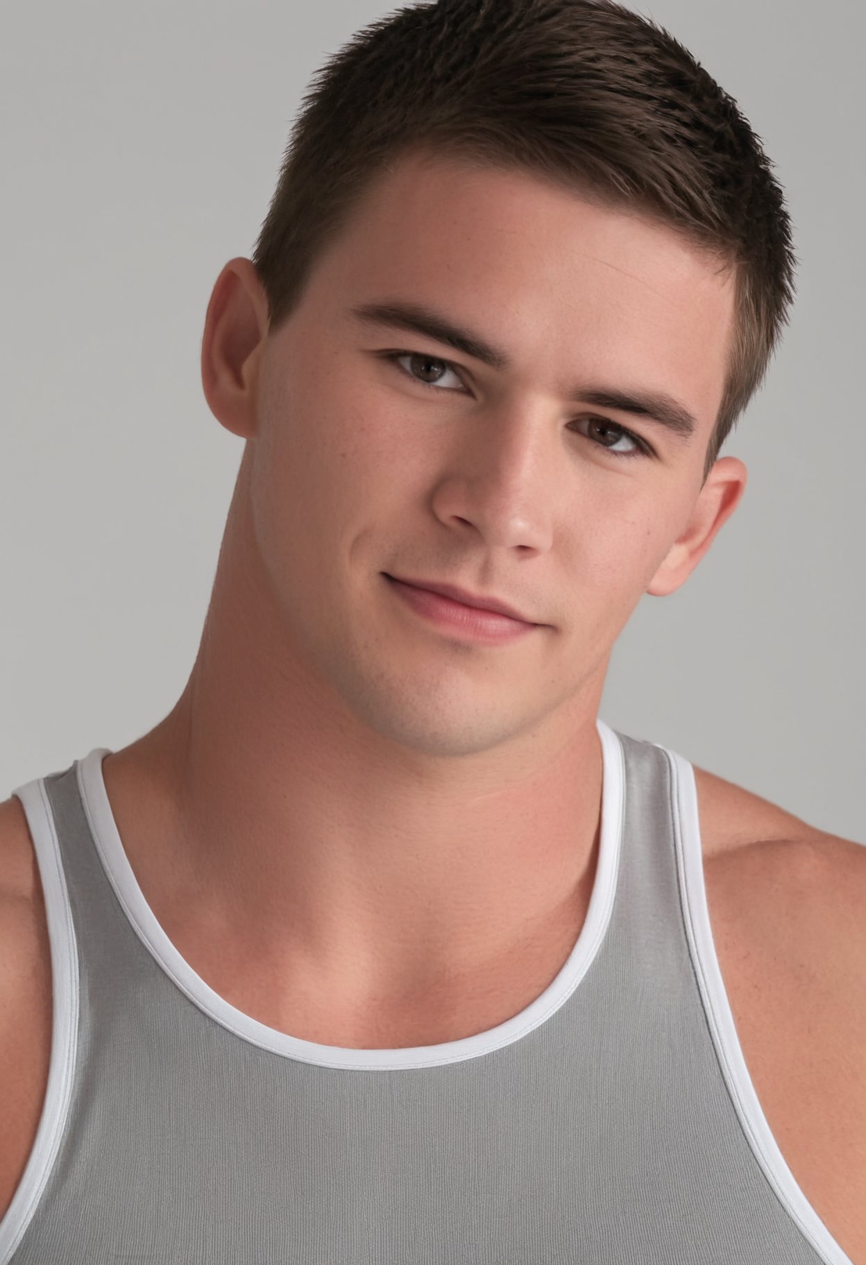 male focus,  close-up headshot of jamieperson in a grey athletic tank top,  clean white background by razputin on Tensor.Art